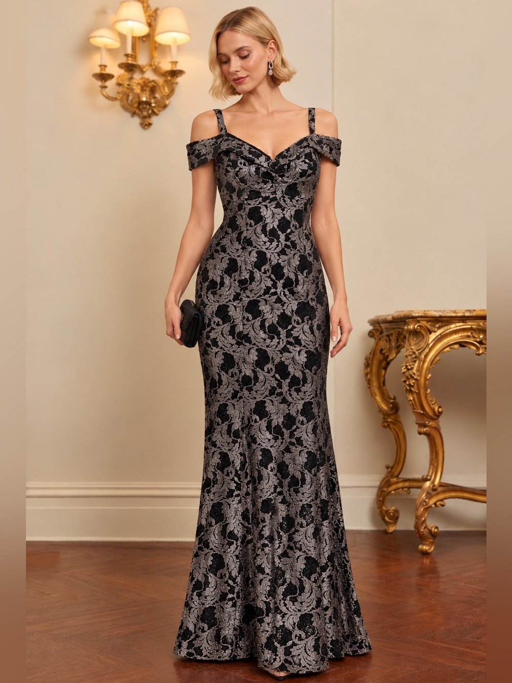 New R&M Richard’s Black Silver Floral Sparkle Off Shoulder Formal Maxi Gown 10P